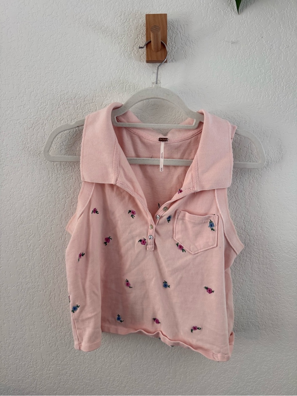Free People Light Pink Sleeveless Polo Tank with Embroidered Flowers